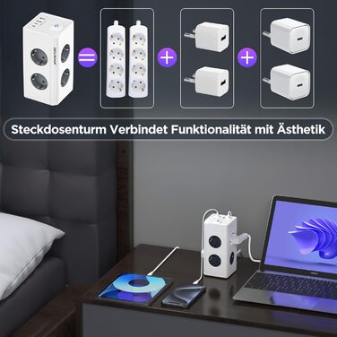 Мережевий фільтр з 4 розетками та 4 USB-портами, настінний, 4000W, 16A, з перетворювачем напруги, білий