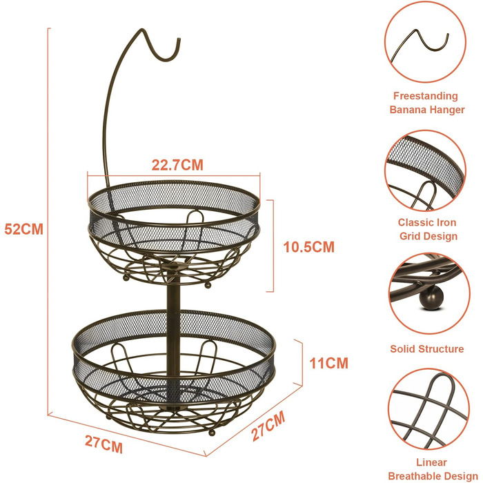 Металева фруктова тарілка Bomclap з 2 ярусами - кошик для фруктів з тримачем для бананів, бронзовий колір