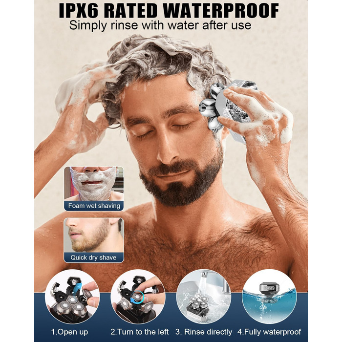 Електричний гоління для чоловіків Glatzen, водонепроникний IPX6, 6D гнучкий гоління, 5 ротаційних голівки, 120 хвилин роботи від акумулятора