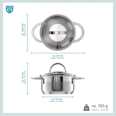 Каструля GRÄWE Pro-Line з кришкою з термостійкого скла, 3 л, для індукційних плит, нержавіюча сталь, діаметр 14 см