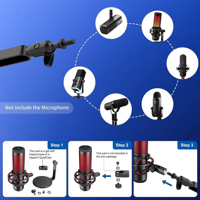 Мікрофонний важіль низькопрофільний з подовженням 15 см, регульований металевий важіль, кабель-менеджмент, чорний