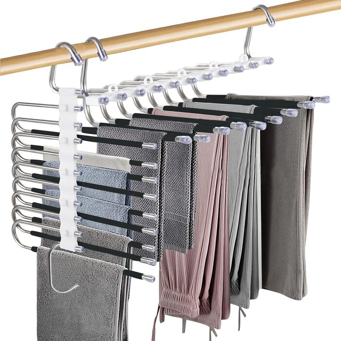 2-Piece Trouser Hangers Clothes Hangers Space-Saving Stainless Steel Non-Slip Foldable Multi-Functional Hanger for Trousers, Scarves, Jeans, Clothing, Towels (Black with 14 Clothes Hangers)