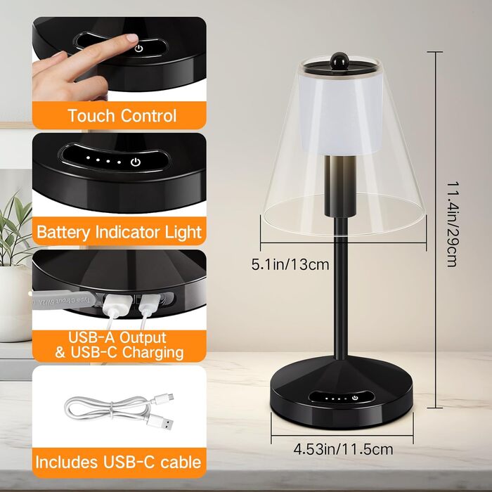 OUTON Бездротова LED-лампа настільна з торканням, регулювання яскравості, 3 режими кольору (3000K–6000K), акумулятор 4000mAh, USB-C, до 120 годин роботи, пам'ять, для спальні, бару та декору, чорна