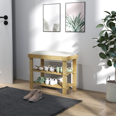 HOMCOM Shoe Cabinet with Seat, Bamboo Bench with Storage, Shoe Rack with 2 Open Compartments, Bench, Bank, Coat Room Bench for Living Room, Hallway, 60 x 29 x 49 cm Cream White | Aosom