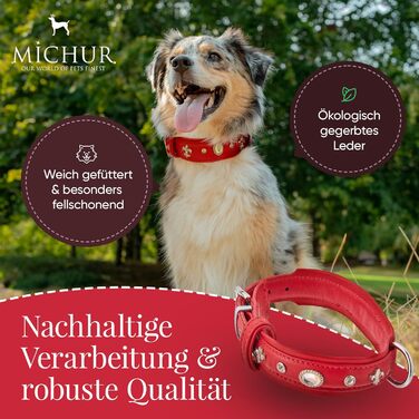 Julieta Leine, Leather Dog Leash, Leather Lead Dog, MATCHES Julieta Collar, Red, Leather, with Lilies, Rhinestones, and a Large Crystal (Neck circumference 52-58cm)