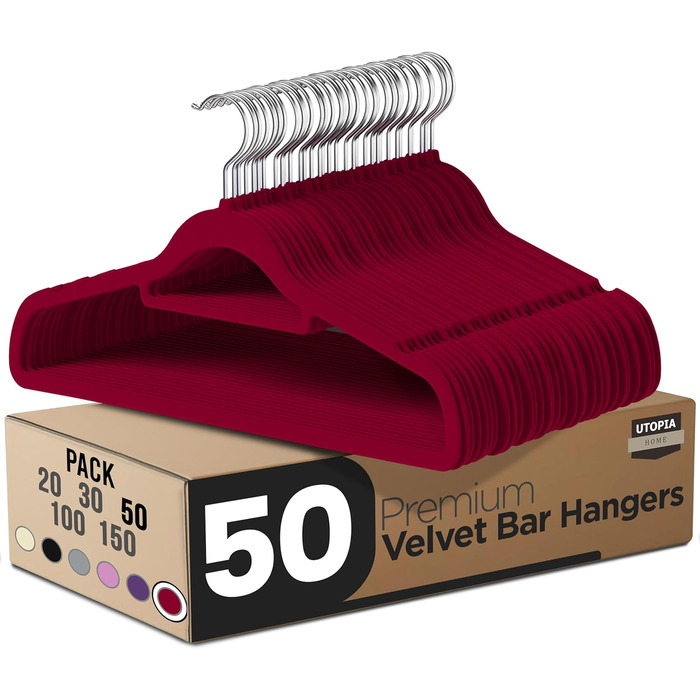 Плечики для одягу Utopia Home з оксамиту (50 шт.) - антиковзаючі, міцні, з кріпленням для краваток, бургердні