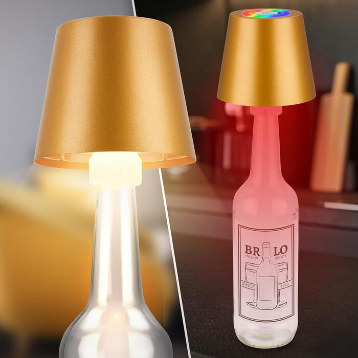 LED настільна лампа BRILONER бездротова з сенсором, диммуванням, регулюванням висоти, для дому та кемпінгу, 36x10,5 см, тепле світло (RGB, тепле біле світло, насадка для пляшок, золотий)