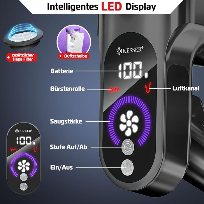 Бездротовий акумуляторний пилосос KESSER® з LED дисплеєм, до 60 хв роботи, тихий, без мішка, з антинамотувальною щіткою, HEPA фільтр, для твердих поверхонь та килимів, з аромадиском, чорний/червоний