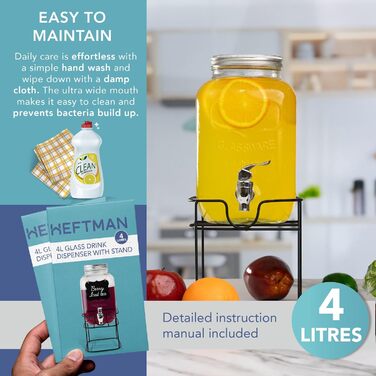 Скляний диспенсер для напоїв з краником - 4 літри, Mason Jar, з пластиковим краником та металевим підставкою