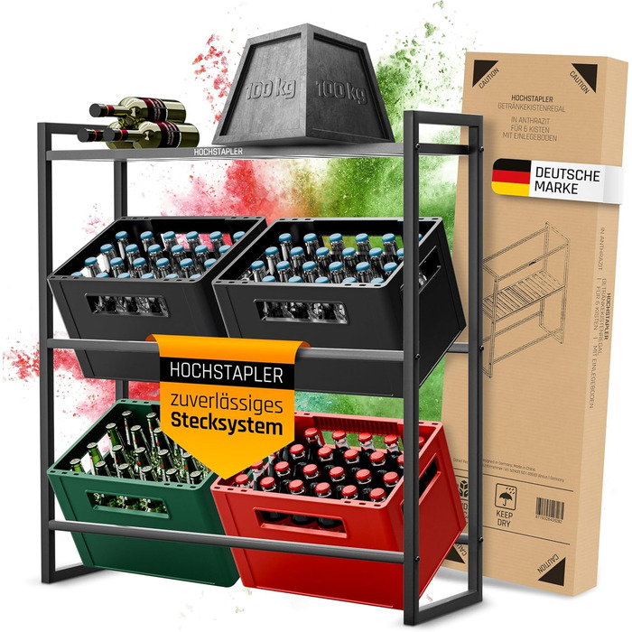 HOPPY STACKER Beverage Crate Shelf 6 Crates with Wine Rack in Anthracite - Solid Beverage Shelf - Crate Shelf with Wall Bracket - Crate Shelf 6 Crates