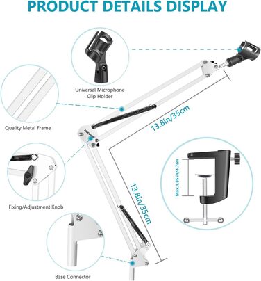 NEEWER Регульований мікрофонний стійка з підвісом, максимальне навантаження 1 кг, для радіо, телебачення, студійного запису та подій, сумісний з Blue Yeti Snowball Yeti X (білий)