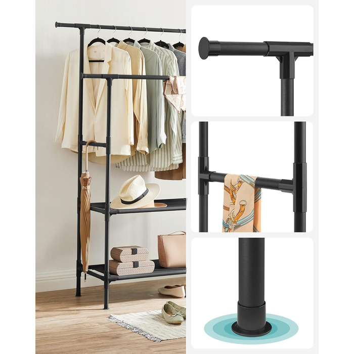 SONGMICS Стійка для одягу металева, з 2 перекладинами та 2 полицями, біла, до 70 кг, RDR02WT (Чорний)