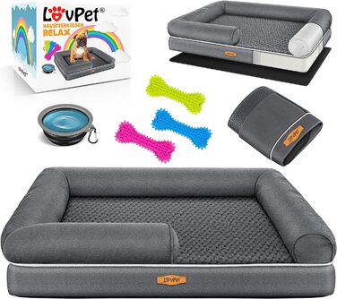 Orthopedic Dog Bed, Dog Cushion, Dog Basket Relax, Incl. Bowl + 3X Chew Bones, Dog Sofa for Small, Medium & Large Dogs, Removable and Washable Cover, 91x71x22cm Anthracite