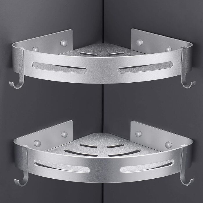 Hoomtaook Shower Shelf No Drilling Corner, Bathroom Shelf Shower Shelf Aluminum Shower Basket Bathroom Accessories Matte Finish Shower Baskets & Shower Shelves Bathroom Shelf 2 Pack with Hooks Silver