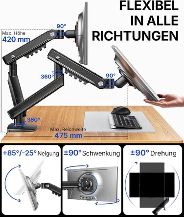 Кронштейн для двох моніторів HUANUO FlowLift Pro MechaSpring, 13–32 дюйми, до 9 кг, VESA 75/100 мм, регулювання нахилу, повороту та обертання, для геймінгу та офісу