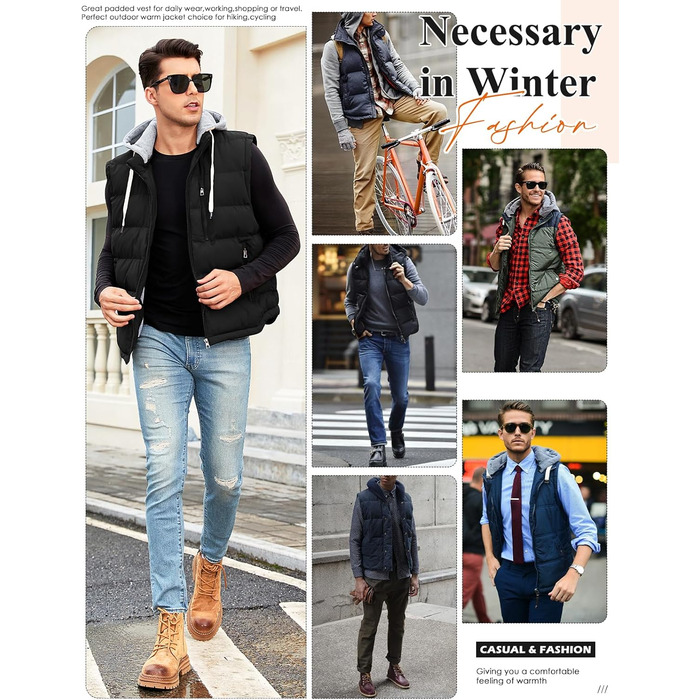 Чоловіча степкова жилетка Vancavoo на осінь/зиму з капюшоном, чорна, розмір M