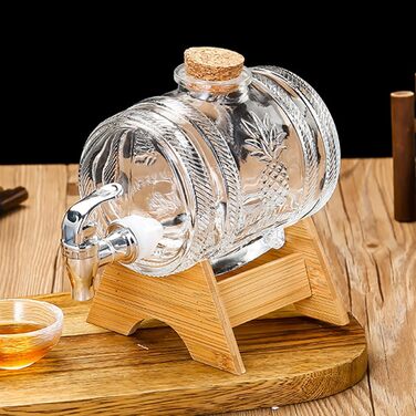 OUGPIU Whisky Decanter, 1000ml Barrel with Tap and Wooden Base, Barrel-Shaped Glass Drink Dispenser with Stopper Corks, Transparent Alcohol Dispenser Set Gifts for Friend, Husband, Father