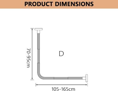 Регульована штанга для душу L-подібної форми без свердління, штанга для душу з нержавіючої сталі 304, розширювана кутова штанга для душу, без кріплення до стелі, (Розмір:Колір) (Д 70-95см x 105-165см, Чорний)
