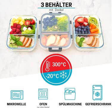 Набір контейнерів для їжі Igluu Meal Prep (3 шт.) – 980 мл, з боросилікатного скла, з 3 відділеннями, BPA-free, для мікрохвильовки, духовки, морозильника, посудомийної машини, витікання неможливе