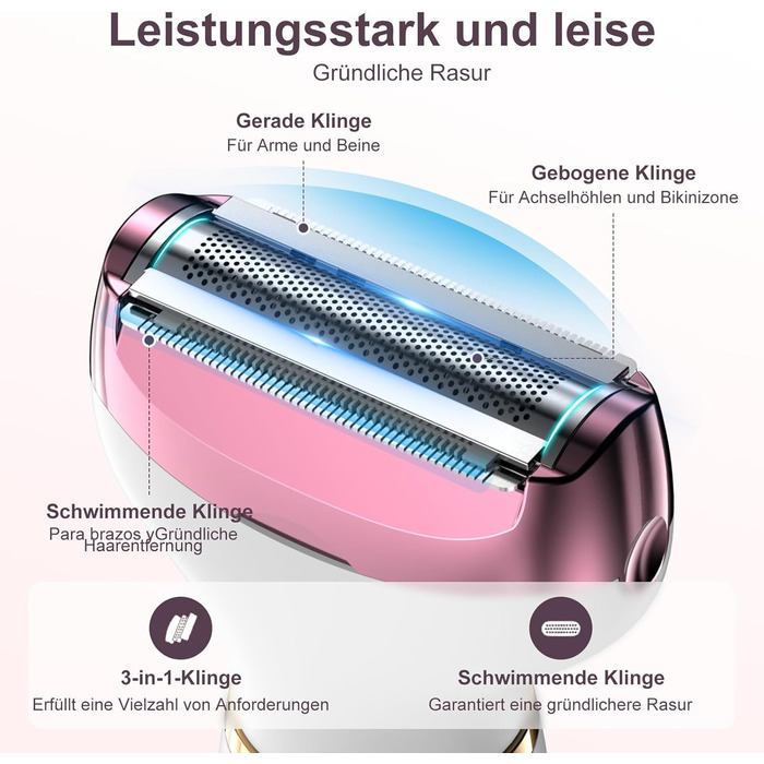 Електричний жіночий тример 4-в-1 з цифровим дисплеєм – для обличчя, ніг, під пахвами та інтимної зони, водонепроникний IPX7, USB-зарядка, рожевий