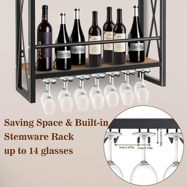 Wall-Mounted Wine Rack with Glass Holder, Wood and Metal Bottle Shelf with 3 Levels for 12 Bottles, Wine Stand with Cup Shelf, Suitable for Kitchen, Maximum Load Capacity 50 kg, 60*20*62 cm