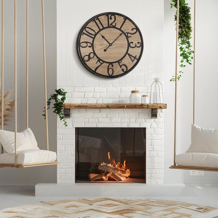 Large Wall Clock Without Ticking, 50 cm / Silent Wood Vintage Wall Clock Retro Battery Operated Modern For Living Room Bedroom, Kitchen, Farmhouse, Office Decoration (24 inches, Antique Bronze Metal - Arabic Numerals)