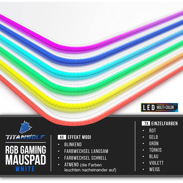 Ігровий килимок для миші TITANWOLF RGB XXL (800x300 мм) з LED-підсвіткою, 11 режимів освітлення, вологостійкий, білий