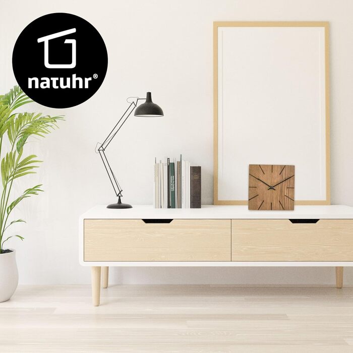 Oak Wall Clock, Table Clock, Desk Clock - Beam - Solid Wood Design 17 x 17 cm (Smoked Oak, Black Hands, Radio Clock Movement)