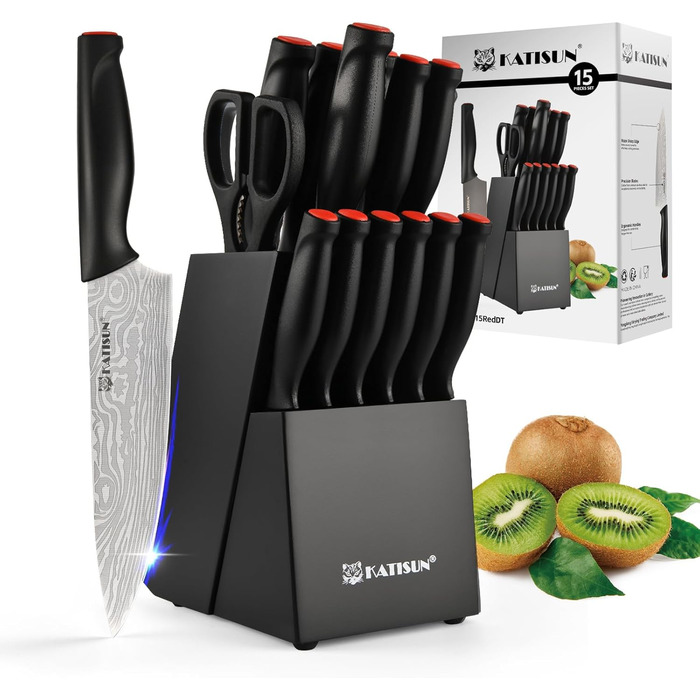 KATISUN 16-Piece Japanese Steel Knife Set with Block - Includes Sharpener, Cutting Board & Kitchen Shears