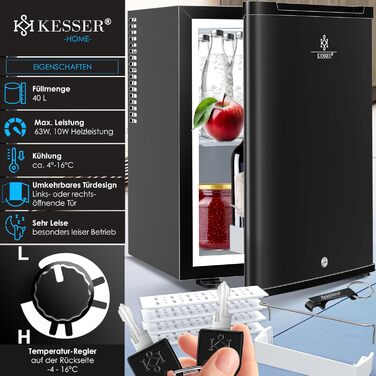 Міні-холодильник KESSER® 40L з замком: ідеальний для кемпінгу, офісу, спальні, готелю, кухні. Безшумний, з можливістю зміни напрямку відкривання дверцят, з підсвіткою та відкривачем для пляшок. Чорний колір.
