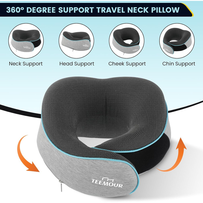 Подушка для шиї у літак Memory Foam з підтримкою 360°, набір для подорожей (очна маска, навушники, чохол), сіра