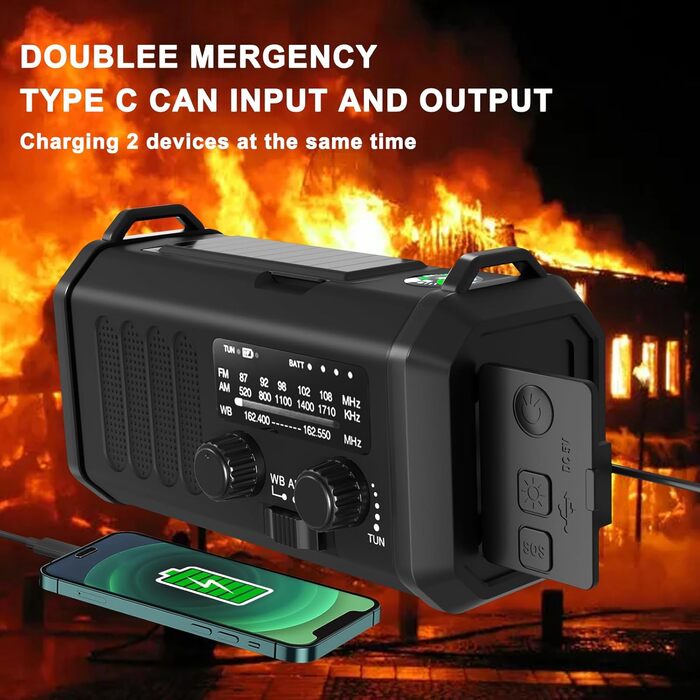 Радіостанція Leaton з ручним заводом, NOAA, AM/FM, 20000 mAh | Сонячна Power Bank, USB-C, ліхтарик, SOS-сигнал для кемпінгу та надзвичайних ситуацій (Чорний)