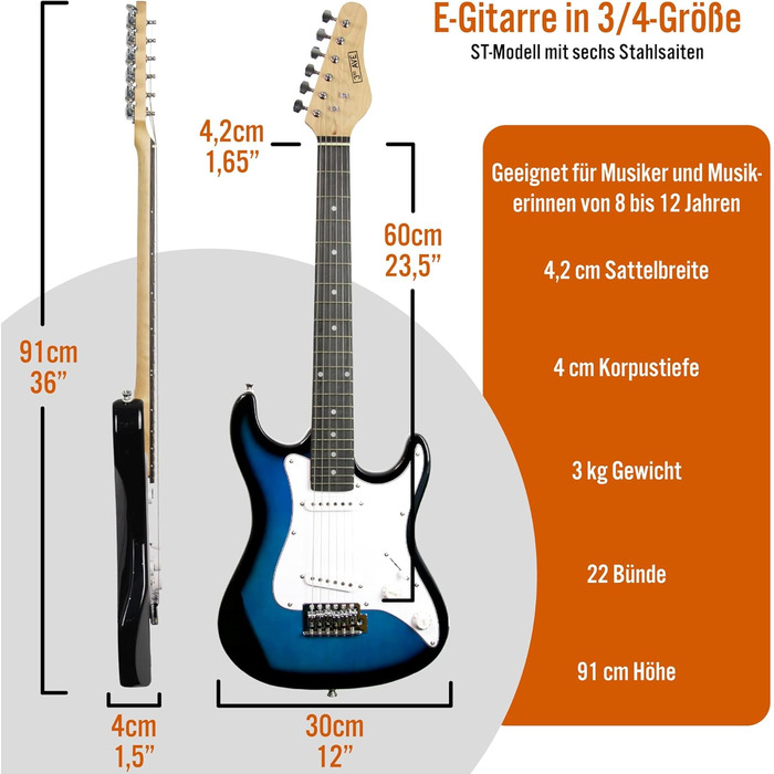 Електрогітара 3/4 розміру 3rd Avenue XF Ultimate Kit з підсилювачем 10W, тюнером, кабелем, стійкою, Gigbag, ременем, запасними струнами, медіаторами, каподастром - Початковий набір, блакитний