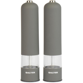 Набір електричних мельниць для солі та перцю Salter – зручне управління однією рукою, керамічний млин, регульований ступінь помелу, м'яке покриття, підсвічений цоколь (Cosmos Grey)