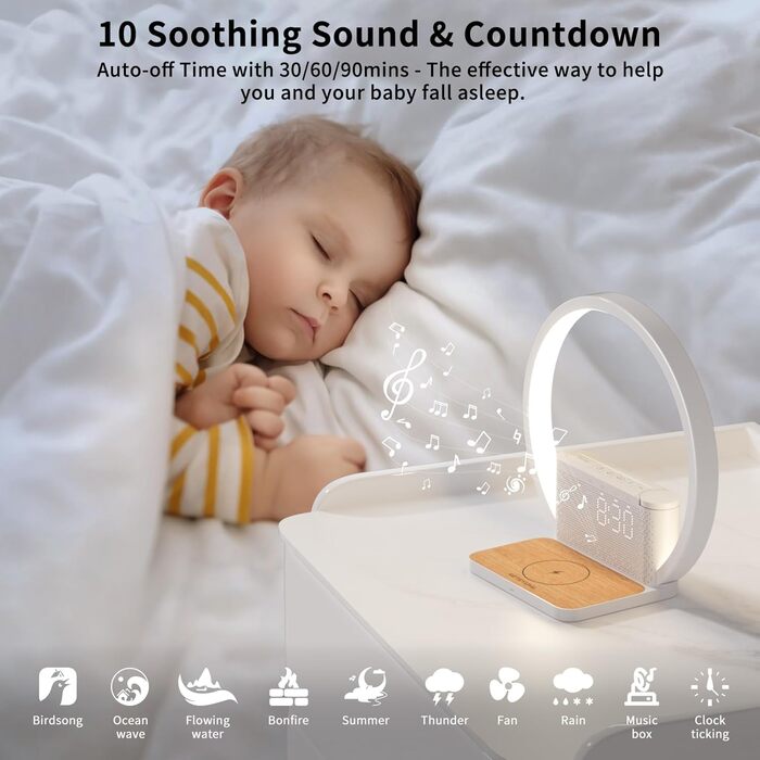 Нічна лампа RETEYUNG з бездротовою зарядкою 10W, 2 будильники, денний світловий будильник, 10 заспокійливих звуків, сенсорне регулювання яскравості (3 рівні), стиль арт-деко