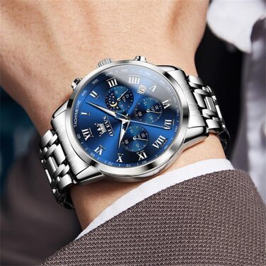 Чоловічий годинник на зап'ястя з нержавіючої сталі, хронограф, фаза місяця, водонепроникний, кварцовий, стильний, класичний, для чоловіків, срібний, чорний, золотий, синій (R5529g-g-lan)