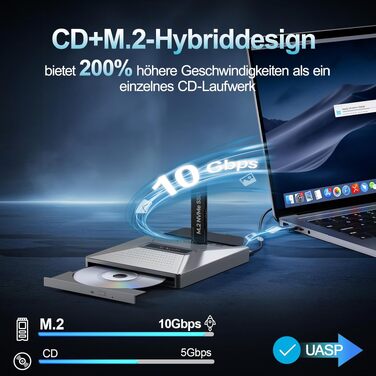 Зовнішній DVD-привід Alxum USB-C 3.0 з картридером SD/TF та додатковим USB-портом для ноутбука, DVD/CD запис та читання, Plug & Play, сірий
