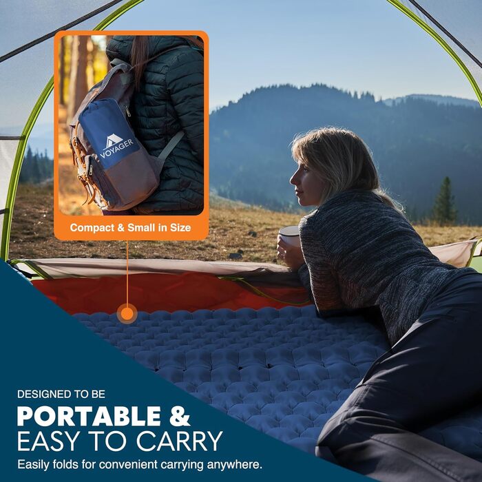 Односпальний килимок для кемпінгу Voyager Single Ultraleicht: самонадувний, компактний, з сумкою. Довговічний нейлон 40D + TPU, для кемпінгу, походів, рюкзаків.