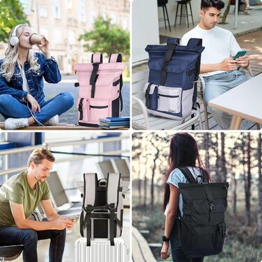 Roll-Top Backpack Waterproof, 27L Large Backpack Men Women, School Backpack with 17.3 inch Laptop Compartment, Travel Backpack Hiking Backpack for Business, Work, University, Travel, Leisure (Blue)