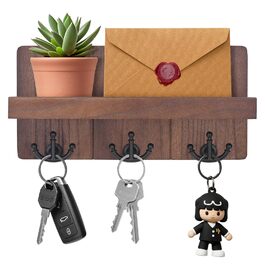 Дерев'яне ключниця з полицею та 6 гачками, ключниця на стіну для прихожей, коридору, кухні (Колір: Коричневий)