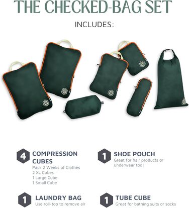 Набір органайзерів для подорожей Trippped Travel Gear: 7 шт., великий розмір, компресійні, для одягу (зелений/помаранчевий)