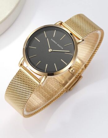 Жіночий годинник Hannah Martin: аналоговий кварц, водонепроникний, з нержавіючої сталі, ультратонкий, сітка-браслет (чорний корпус, золотий браслет)