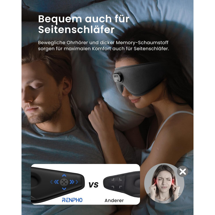 Маска для сну Renpho з Bluetooth V5.2, подарунок для жінок, RENPHO Ultra Soft, бездротова маска для сну з 3D-екраном, комфортна для тих, хто спить на боці, маска для сну з білим шумом, сіра