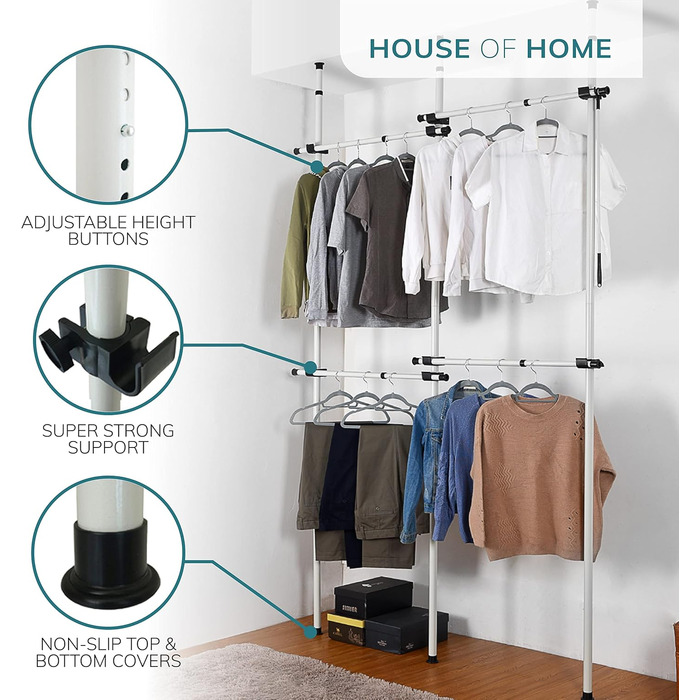 Robust, triple-extendable clothes rail from House of Home – Replacement for clothes rail in wardrobe – Adjustable shelf frame – Clothes storage (double bed)