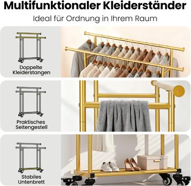 Стійка для одягу Sour Lemon на коліщатках, 95 кг, з подвійними перекладинами та полицею, золото (113x41x162 см)