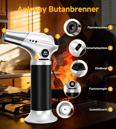 Кулінарний пальник Ankway для карамелізації та фламбування, газовий пальник для Крем-брюле з замком безпеки, регульований, сріблястий (бутан не входить)