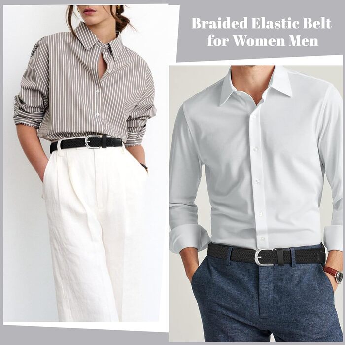 Жіночий плетеный еластичний пояс JASGOOD, льон, 2.5 см, 2 шт. (Чорний + Чорний, срібна пряжка) Розміри M (до 86 см) та XL (до 107 см)