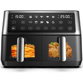 Фритюрниця повітряна подвійна з вікном, 10л, 10-в-1, сенсорний дисплей, синхронізація, таймер, економна, без олії, XXL