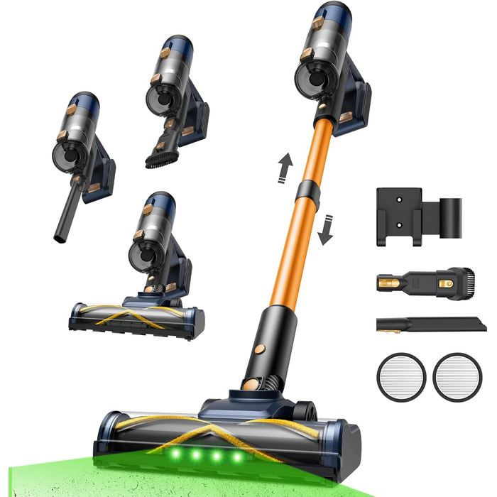 Бездротовий пилосос Vexilar V12 Akku: 50 хв роботи, 50 kPa, 450 W, антинамотування, легкий, безщітковий мотор, для твердих поверхонь, килимів, шерсті тварин (жовтий)