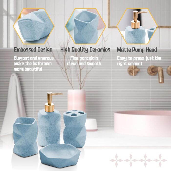 Bathroom Accessories Set, Blue Bathroom Accessories Set, Soap Dispenser, Toothbrush Holder, Cup, Soap Dish, Modern, Elegant, Bathroom Organizer, Ceramic Bathroom Decor Set (Blue)
